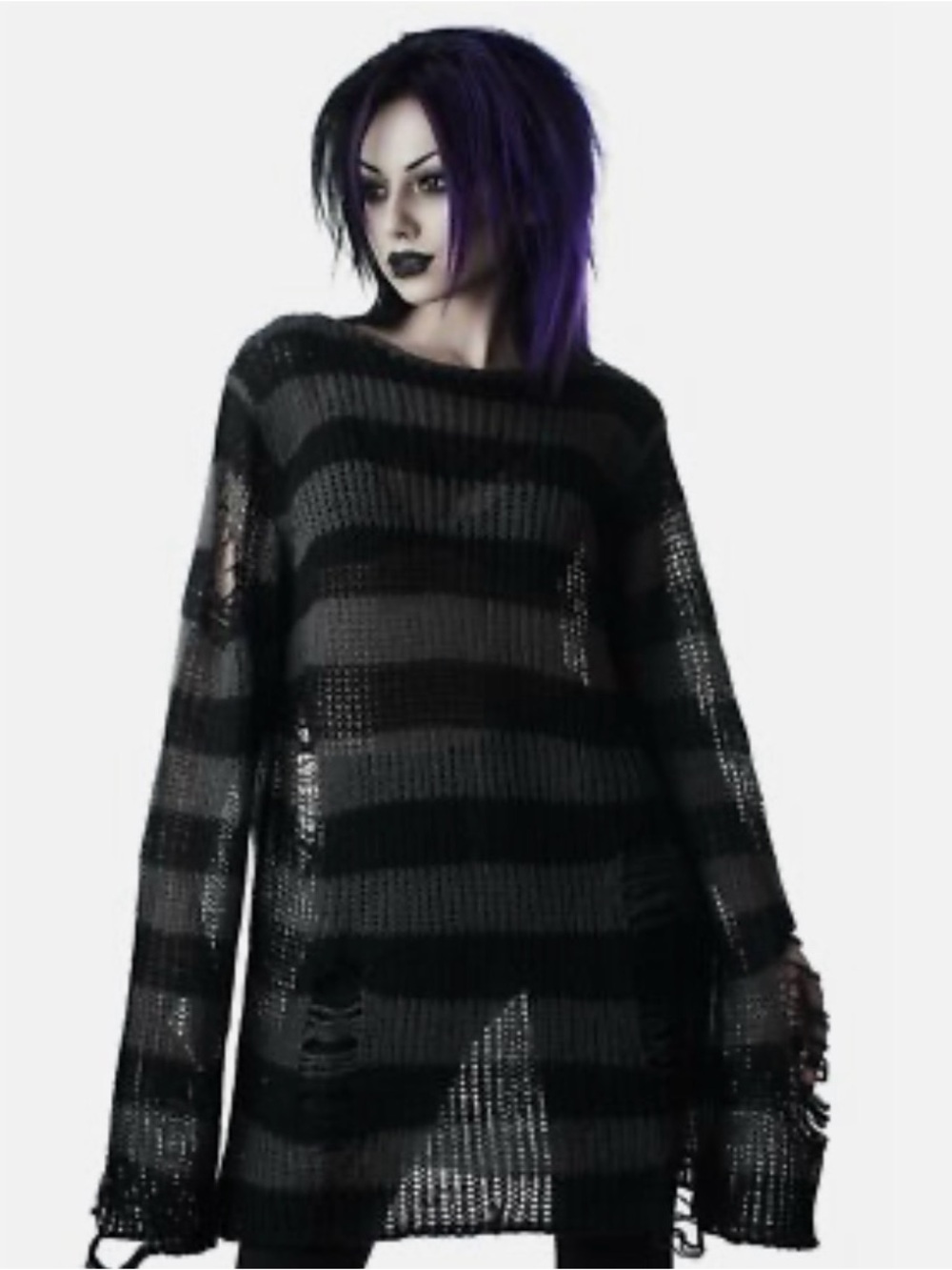 Killstar Oversized Black & Gray Striped Distressed Knit Sweater unisex medium